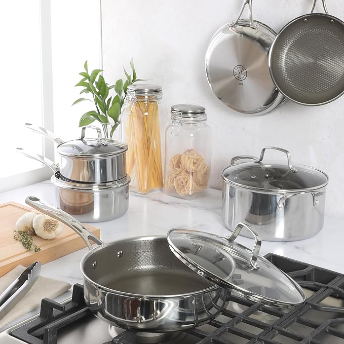Martha Stewart Badgley Hybrid Nonstick 10 Piece TriPly Stainless Steel Pots and Pans Non-Toxic Kitchen Cookware Set - Laser Etched Non-Toxic Nonstick W/Stay Cool Handle Dishwasher and Induction Safe