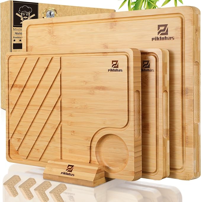 Large Bamboo Cutting Boards Set of 4 for Kitchen, Bamboo Charcuterie Chopping Board with Holder Non Slip, Steak Serving Tray with Juice Groove, Big Butcher Block for Cheese, Ideal for Gift