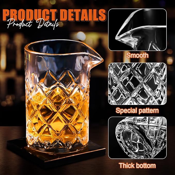 Dandat Cocktail Mixing Glass Crystal Stirring Glass Thick Bottom Seamless Cocktail Pitcher for Home Bartender Bar Whiskey Martini Drink Shaker Accessories(6 Pcs,17 oz)