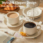 Sweese Porcelain Cappuccino Cups Set - 8 oz Stackable Coffee Mugs with Saucers, Metal Stand, Dove Grey, Set of 4