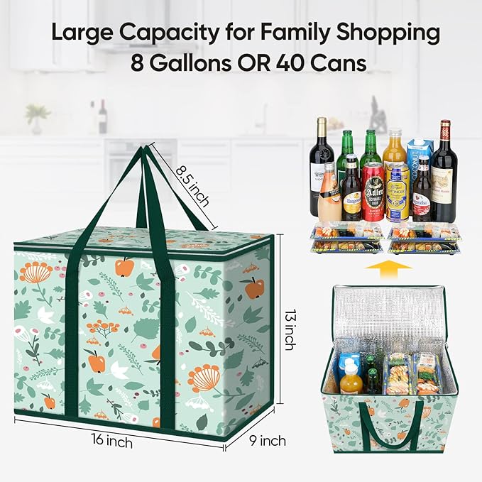 BALEINE 2Pk Insulated Reusable Grocery Bags, Collapsible Cooler Bag for Groceries, Heavy Duty Large Insulated Bag (16''x9''x13'', Spring Stroll)