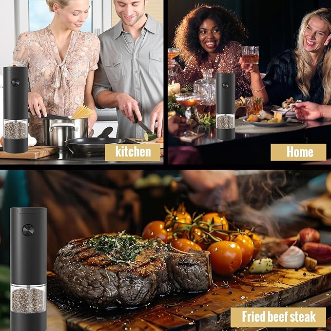 Electric Pepper Grinder or Salt Mill, Battery Operated Automatic Pepper Mill with LED Light, One-handed Operation Button Control, Adjustable Coarseness, Refillable, 70ml, Black (1 Pack)