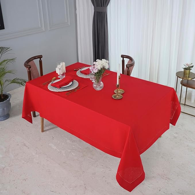 D'Moksha Homes Bright Red Linen Tablecloth 60 x 120 Inch - 100% Pure Linen Hemstitch Tablecloth for Rectangle Tables - Classic Hemstitch, Machine Washable Table Cloth for Summer, Fall and Halloween