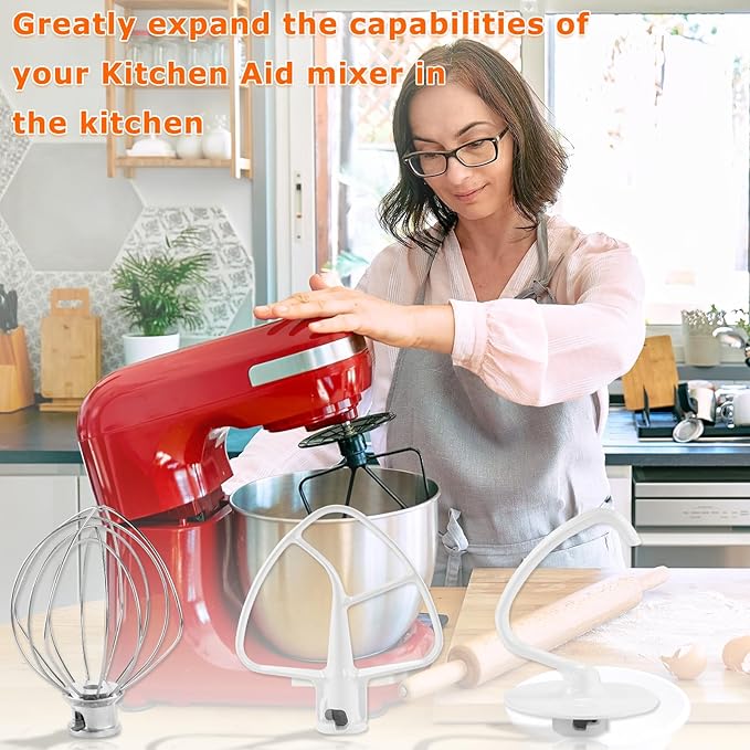 Stand Mixer Attachments 3-Piece Kit -Replace for Kitche.n aid Accessories K45WW Wire Whip/ K45DH Dough Hook /K45B Coated Flat Blade Paddle with Scraper -Stainless Steel by TOMOON