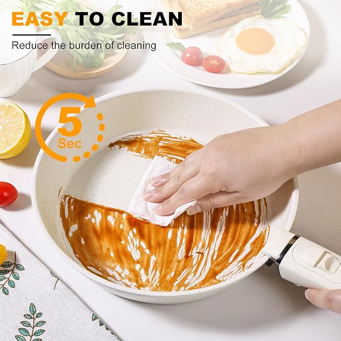 9 Pcs Ceramic Cookware Set Non Stick Frying Pots and Pans Set Non Toixc Cookware-PFAS/PFOA/PTFE Free, with Detachable Handle for RV Kitchen, Induction & Dishwasher Safe Cream White