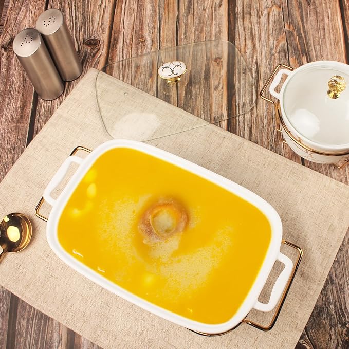 11" x 7" Ceramic Casserole Dish with Glass Lid and rack, 1.3 Quart Serving Soup Tureen,Chafing Dish for Buffet, Family Food preserve Tray, Catering Casserole for Party Style