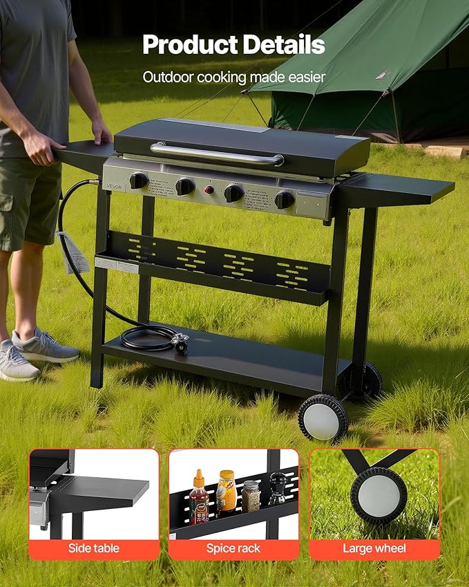 VEVOR Gas Griddle, 4-Burner Flat Top Grill, 29 inch Grill Plate Propane Griddle with Wheels, Lid, 28000 BTU Outdoor Flat Top Grills for Pan-Frying, Grilling, Stir-Frying, & BBQ, Pulse Ignition