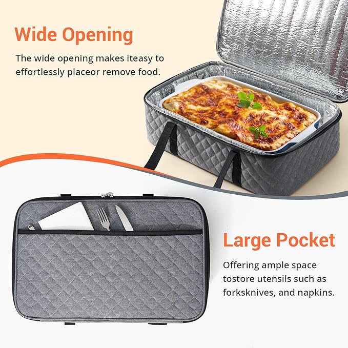 Casserole Carrier - Large Portable Insulated Food Carrier for Hot or Cold Food, Lunch Tote Warmer or Cooler Bag, Lasagna Lunch Bag for Work Picnic Hiking Beach - Fits 16" x 10"Baking Dish-Grey
