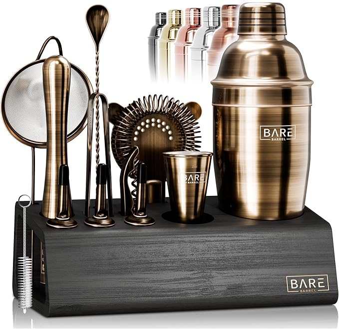 BARE BARREL® Mixology Bartender Kit Bar Set | 14-Piece Cocktail Shaker Set | Martini Barware Mixing Tools for Home Bartending | Incl. 35 Recipe Cards | Gift Set (24oz Cobbler Shaker, Brass/Black)