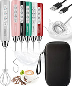 YUSWKO Rechargeable Milk Frother for Coffee, Handheld Drink Mixer with 3 Heads 3 Speeds, Ideal Coffee Frother Wand for Travel - Silver