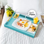 17" x 12" Wood Serving Tray with Gold Polished Metal Handles, Home Decorative Wooden Rectangle Ottoman Leather Decor Platter Bathroom Vanity Tray for All Occasions Blue