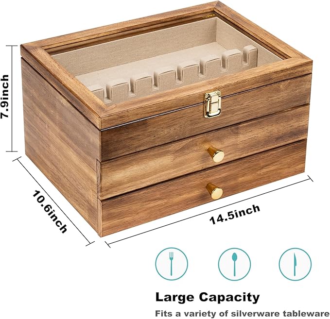 Silverware Box, 3-Layer Wooden Silverware Storage Box with Glass Lid, 14.5×10.6 Inches Vintage Style Decor Flatware Storage Case for Fine Flatware & Utensils, Gift Idea (Torched Wood)