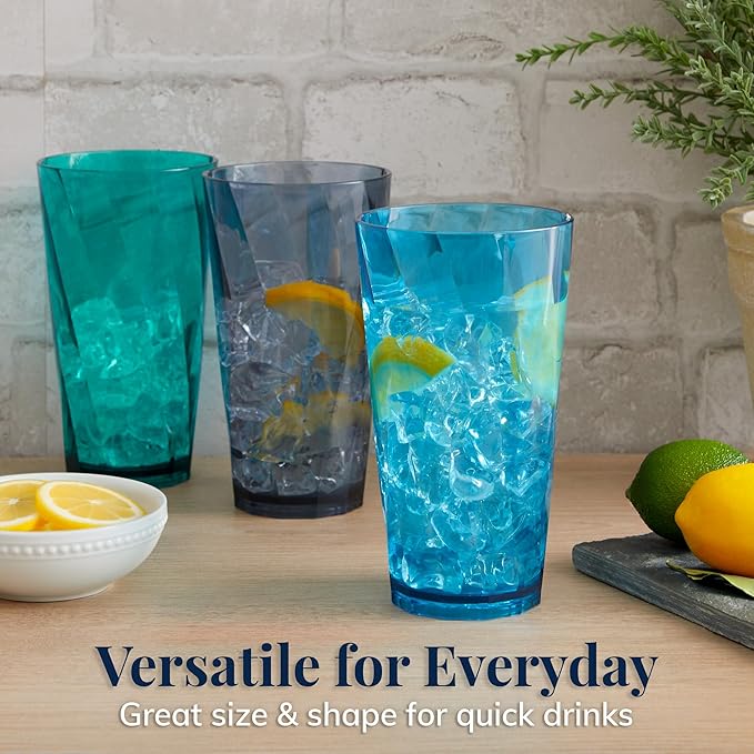US Acrylic Optix Plastic Reusable Drinking Glasses (Set of 8) 20oz Water Cups in Coastal Colors | BPA-Free Tumblers, Made in USA | Top-Rack Dishwasher Safe