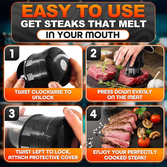 Meat Tenderizer Tool - Convenient Chicken Tenderizer Tool with 56 Sharp Stainless Steel Needle Blades, Safety Lock & Cleaning Brush, Dishwasher Safe - for Beef, Steak, Fish, Meat & Poultry Tenderizers