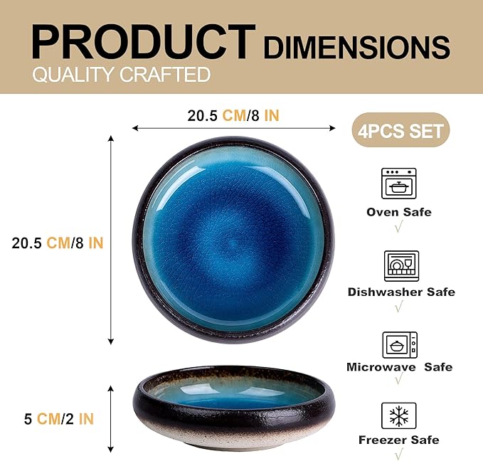 Ceramic Dinner Plates Set of 4, 8 Inch Large Porcelain Pasta and Salad Plates, Stoneware Plate Set for 4, Handmade Round Dishes for Home Decor, Microwave,Oven,and Dishwasher Safe, Blue