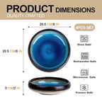 Ceramic Dinner Plates Set of 4, 8 Inch Large Porcelain Pasta and Salad Plates, Stoneware Plate Set for 4, Handmade Round Dishes for Home Decor, Microwave,Oven,and Dishwasher Safe, Blue