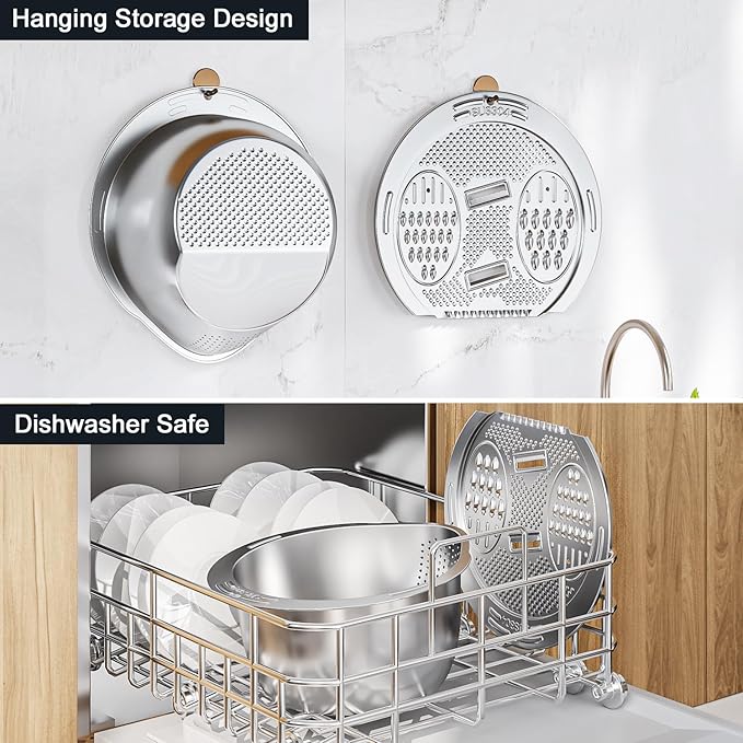 ESOW Colander Set Stainless Steel, Rice Washer Strainer Bowl with Grater, Multipurpose Use for Food Storage, Draining Water, Cutting and Slicing/Shredding, Kitchen Essentials