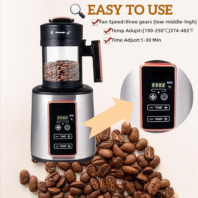 Electric Coffee Bean Roaster Machine for Home Use – 1500W Air Coffee Roaster with Adjustable Temperature & Timer, Built-In Chaff Collector & Air Circulation 100g Capacity Electric Coffee Roaster