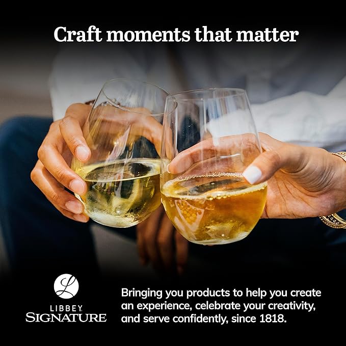 Libbey Signature White Wine Glasses Set of 4, Elegant, Dishwasher Safe Stemless White Wine Glasses, Elegant Wine Glasses for Weddings, Birthdays