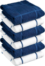 T-fal Solid & Checked Parquet Kitchen Towels: Highly Absorbent, Super Soft Long Lasting - 100% Cotton, 16"x26" Dish Towels for Cleaning & Drying Dishes, Pans, Glassware, Countertops, 6-Pack, Blue