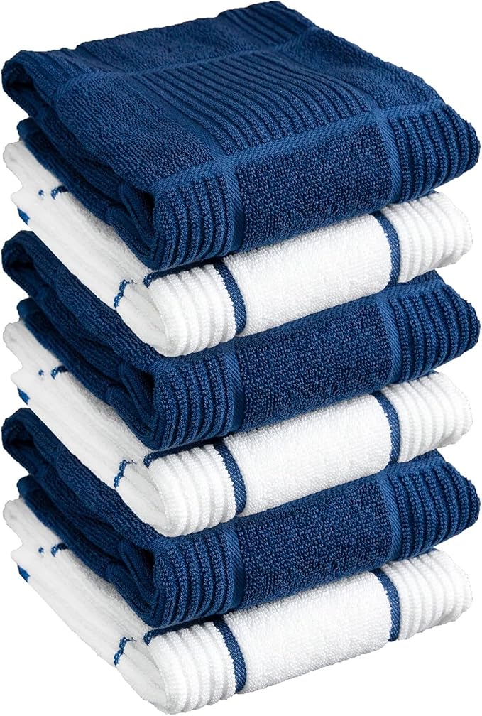 T-fal Solid & Checked Parquet Kitchen Towels: Highly Absorbent, Super Soft Long Lasting - 100% Cotton, 16"x26" Dish Towels for Cleaning & Drying Dishes, Pans, Glassware, Countertops, 6-Pack, Blue