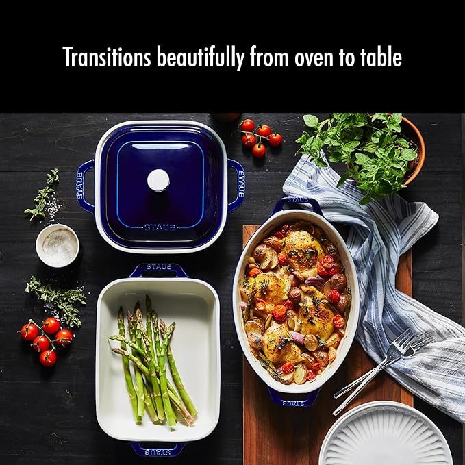STAUB Ceramic 4-pc Baking Pans Set, Casserole Dish with Lid, Brownie Pan, Dark Blue