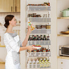 6-Tier Over The Door Pantry Organizer with Mesh Baskets, Adjustable & Stable Hanging Spice Rack for Kitchen, Bathroom, Bedroom, and Baby Essentials Storage (16" W 6-Tiers, White)