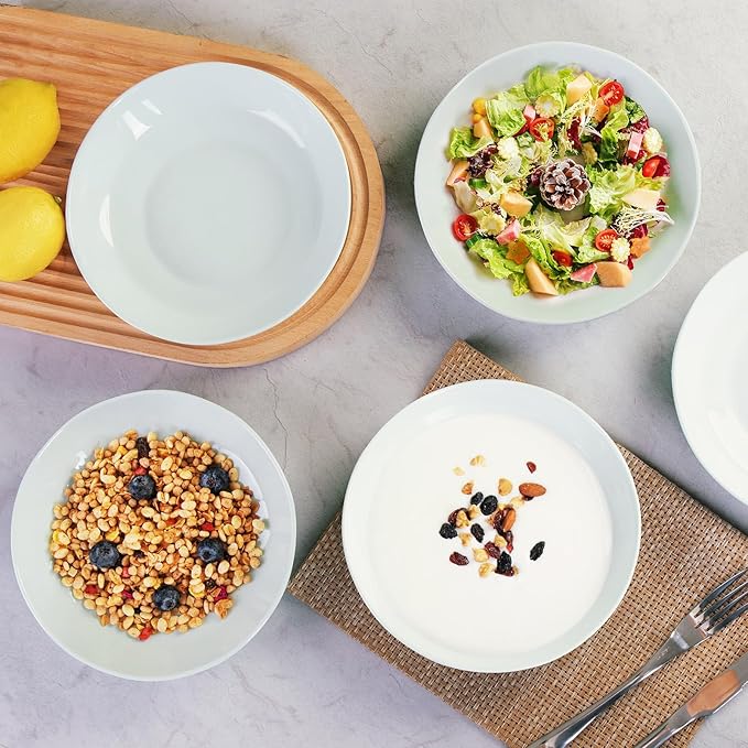 Small Pasta Bowls Set of 8, 16 Oz, 8 inch,Salad bowls, Ceramic bowls, Microwave & Dishwasher Safe, Light Colored Diamond-cut Edge