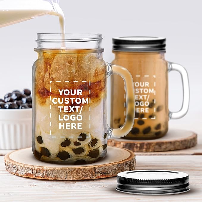 DISCOUNT PROMOS Custom Libbey Handle Mason Jars w/Lids 16 oz. Set of 10, Personalized Bulk Pack - Traditional style, High standard - Black