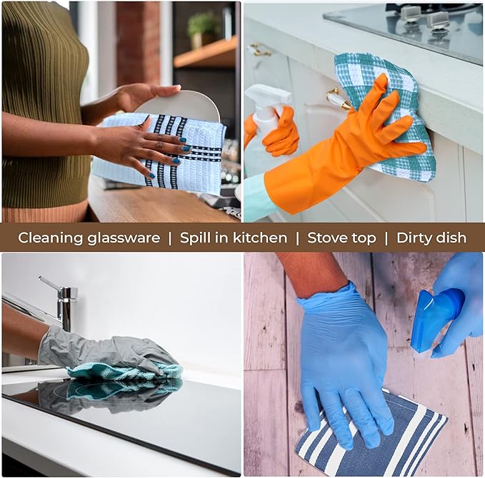 Urban Villa Dish Cloths 100% Cotton Pack of 8, Highly Absorbent Quick Drying Super Soft Premium Dish Towels for Kitchen with Hanging Loop Hand & Tea Towels - 12x12 Inch, (Black & White, Striped)