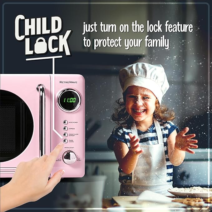 Nostalgia Retro Compact Countertop Microwave Oven 0.7 Cu. Ft. -700-Watts with LED Digital Display-Child Lock-Easy Clean Interior-Pink