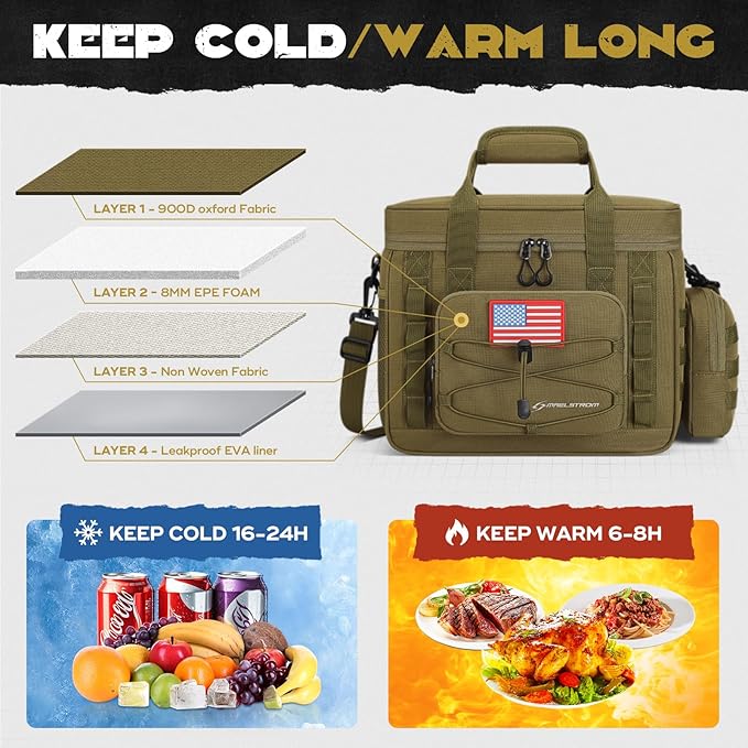 Maelstrom Large Tactical Lunch Box for Men,Insulated Lunch Bag, Leakproof Soft Cooler Bags with Detachable MOLLE Bag,Durable Lunch Tote for Adult Women Work,Picnic,30 Cans/20 L, Khaki