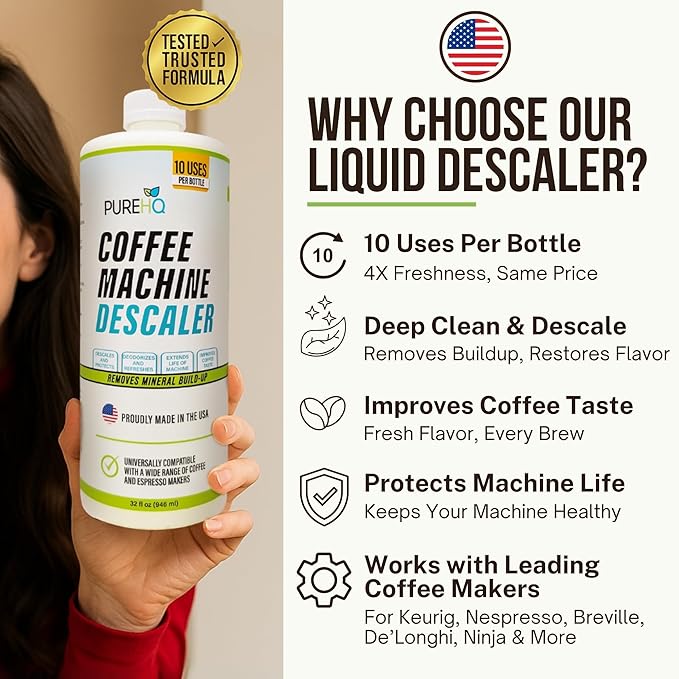 Coffee Machine Descaler - 10 Uses - Keurig Descaling Solution - Universal Descaler for Keurig, Nespresso, Delonghi, Breville, Ninja and All Single Use Coffee and Espresso Machines - Made in USA