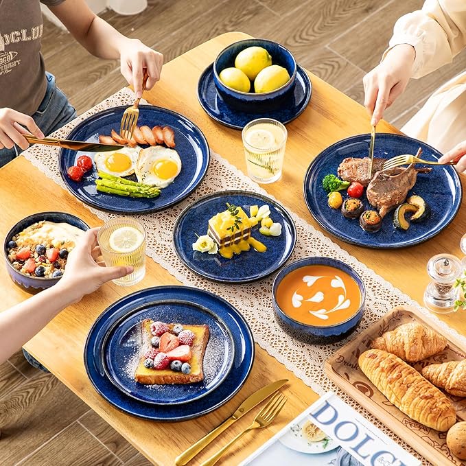 vancasso Starry 18 Pieces Dinnerware Sets for 6, Blue Reactive Glaze Dishes Sets, Ceramic Plates and Bowls Set, Dinner Salad Dessert Plates, and Cereal Bowls Set, Dishwasher and Microwave Safe