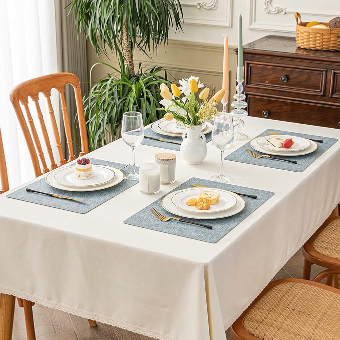 Romanstile Vinyl Placemats Set of 6-12 X 18 Inch - Heat Resistant Place Mats 100% Waterproof Oilproof Wipeable Reversible Faux Leather Table Mats for Kitchen/Dining/Party/Outdoor, Sky Blue