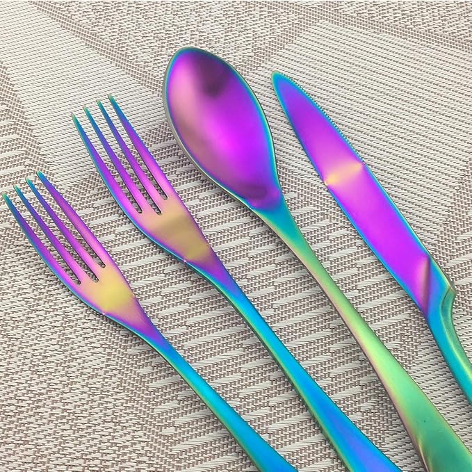 Rainbow Silverware Set, 6-Piece Stainless Steel Flatware Set Service for 1, Tableware Cutlery Set for Home and Restaurant, Knives Forks Spoons, Matte Finish, Dishwasher Safe (Rainbow)