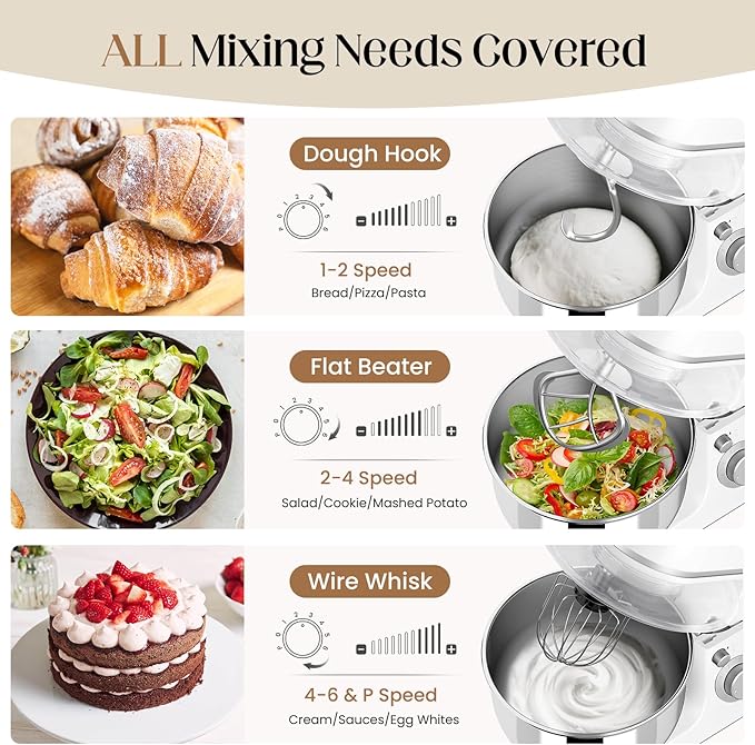 800W Stand Mixer with 5.3QT Bowl, 6-Speed with Pulse Electric Kitchen Mixer, Food Mixer with Dough Hook, Whisk, Beater Tilt-Head & Non-Slip Base for Cookie, Cake, Bread & Baking-White