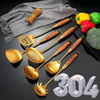 Gold Kitchen Utensils Set with Wooden Handle, 6 PCS Professional Cooking Utensils Set, Wok Spatula, Ladle, Skimmer, Slotted Spatula Turner, Spaghetti Spoon, Large Spoon