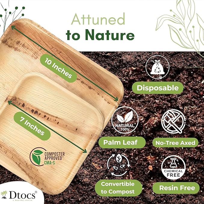 Dtocs Palm Leaf Plates (50) - 10 Inch Square Dinner (25), 7" Dessert (25) | Bamboo Plates Disposable Look Dinnerware Set | Sturdy, Compostable Alternative to Paper, Plastic Party Pack