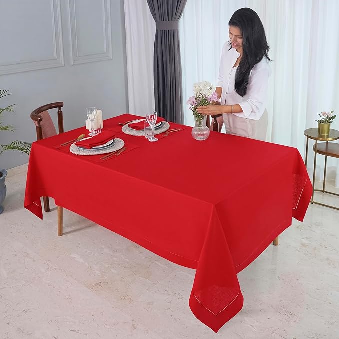D'Moksha Homes Bright Red Linen Tablecloth for Rectangle Tables 60 x 132 Inch - 100% Pure Linen Red Table Cloth - Classic Hemstitch, Machine Washable Dining Tablecloth for Summer, Fall and Halloween