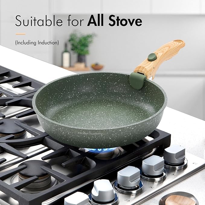 10 Pcs Pots and Pans Set Non Stick, Nonstick Kitchen Cookware Sets Detachable Handle, Induction Pots and Pans Set with Removable Handle, RV Cookware for Camping, Oven Safe, PFOS, PFOA Free, Green