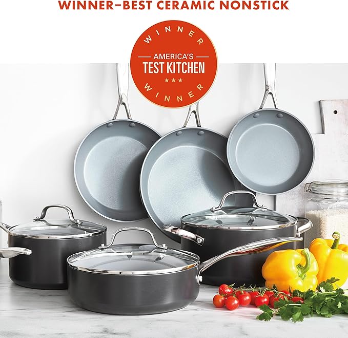 GreenPan 11 Piece Valencia Pro Ceramic Nonstick Cookware Set, PFAS-Free, Induction Ready, Hard Anodized Pots & Pans with Lids, Compatible on All Cooktops, Dishwasher & Oven Safe, Gray