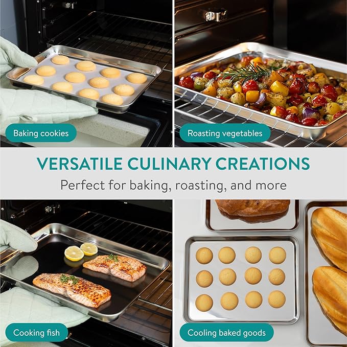 Navaris Baking Pan Breading Trays - Stainless Steel Baking Sheet Chicken Bacon Grilling Pan for Oven Cooking - Oven Grill Pan Cookie Tray - Set of 3 15.7/12.2/10.2" (40/31/26cm)