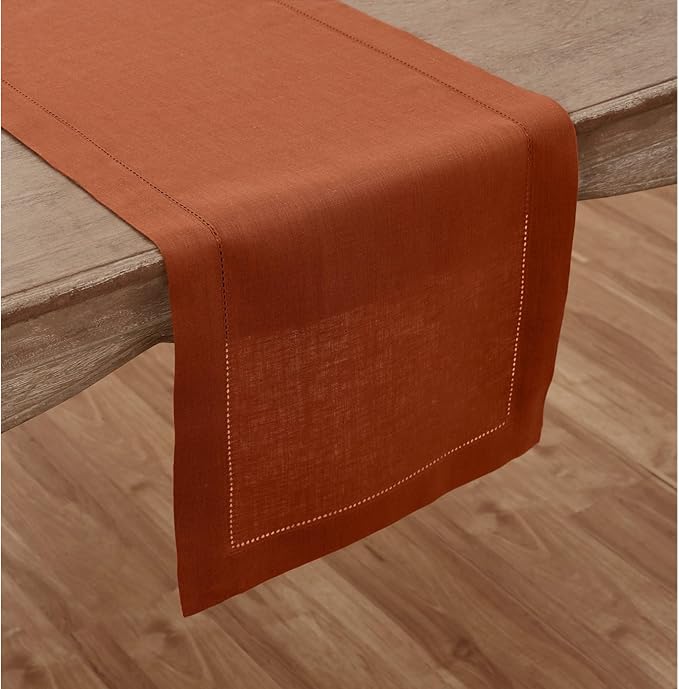 Solino Home Linen Hemstitch Table Runner 36 Inches - 100% Pure Linen Cinnamon Table Runner 14 x 36 Inch Ideal for Dresser and Coffee Tables - Classic Hemstitch - Fall, Autumn, Halloween