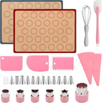 28Pcs Macaron Silicone Baking Mat Kit-2 Sheet Macaron Silicone Baking Mats 11.6"x16.5", 2 Piping Pastry Bag, 12Piping Tip, 1 Coupler, 3 Scraper, 1 Egg Beater, 6 Embossing-Molds Macaron Set