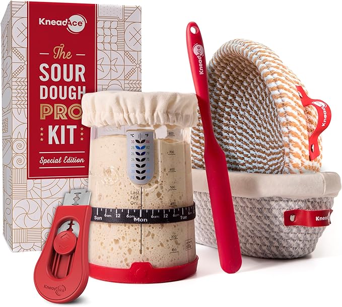 Sourdough Starter Kit – 34oz Starter Jar, 2 Cotton Rope Banneton Proofing Baskets, Magnetic Bread Lame for Scoring – Gift for Bakers & Complete Sourdough Bread Baking Set