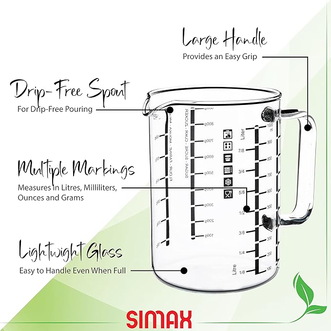 Simax Glass Measuring Cup in Grams, Ml, Oz - Borosilicate 32 Oz Liquid Cup for Metric Measurements, Liter, Milliliter, Ounce, Sugar & Flour Grams - No Drip Pour Spout