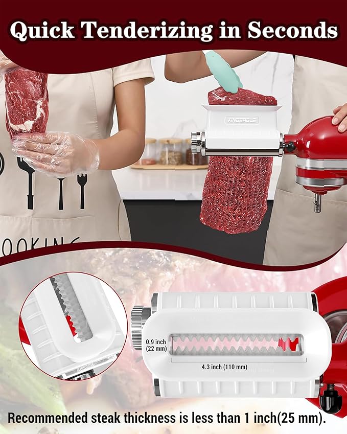 Meat Tenderizer Attachment for Kitchenaid Mixers, 3 Adjustable Thickness Settings, Dishwasher Safe Sturdy Beef Steak Processor Tool Accessory