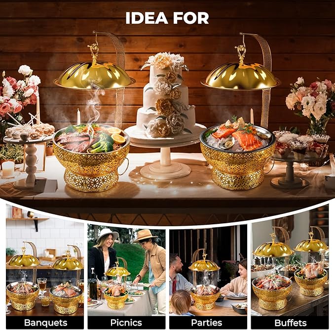 8QT Chafing Dishes Set, Luxury Stainless Steel Round Gold Buffet Warmers with Rolled Edge for Catering, Weddings, Parties, Hotels (4-Pack)
