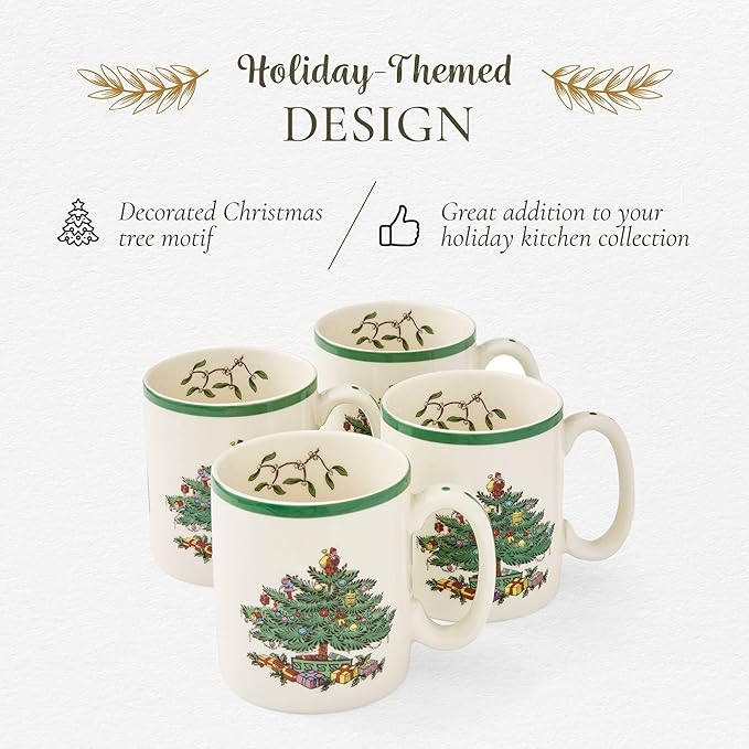 Spode Christmas Tree Mug Set of 4-9oz Ceramic - Microwave, Oven, Freezer & Dishwasher Safe - Festive Holiday Coffee Tea Cup for Hot Cocoa, Mulled Wine, Drinkware